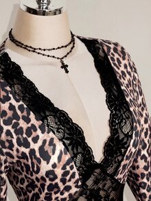 SHEIN ICON Women's Plus Size Lace Patchwork Leopard Print Dress - Khaki - View 7
