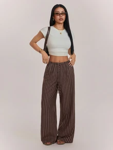 SHEIN PETITE Brown Striped Straight-Leg Trousers For Petite Women – Loose, Casual, And Suitable For Work. - Brown - View 5