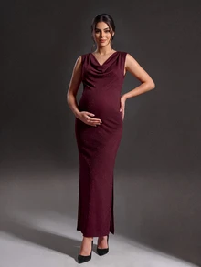 Cheriluna Maternity Burgundy Shiny Fabric Ruched Neck Maternity Portrait Dress, Sleeveless Tank Top Bodycon Split Fishtail, Elegant And Glamorous For Evening Party - Burgundy - View 6