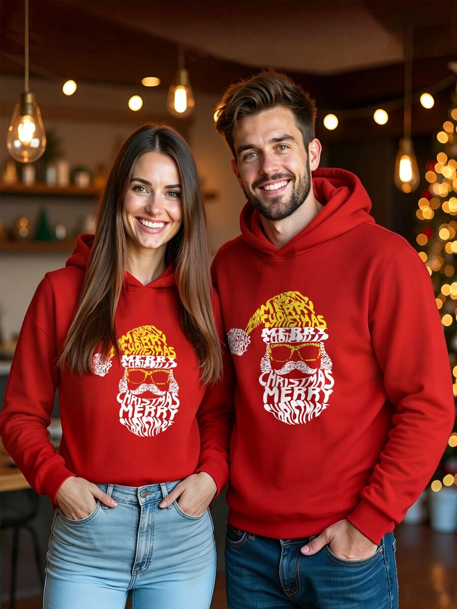 Manfinity Homme Men's Santa Claus Print Casual Loose Fit Hoodie - Red - View 1