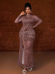 Maweii Plus Size Women's Brown Polka Dot Mesh Long Sleeve Waist Twist High Slit Sheer Maxi Bodycon Dress - Brown - View 4