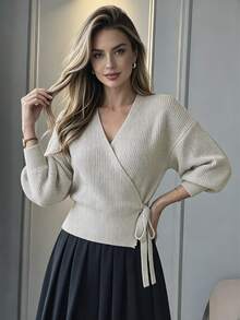 SHEIN PariChic Women's Solid Color Long Sleeve Side Knot Casual Knit Cardigan - Apricot - View 6