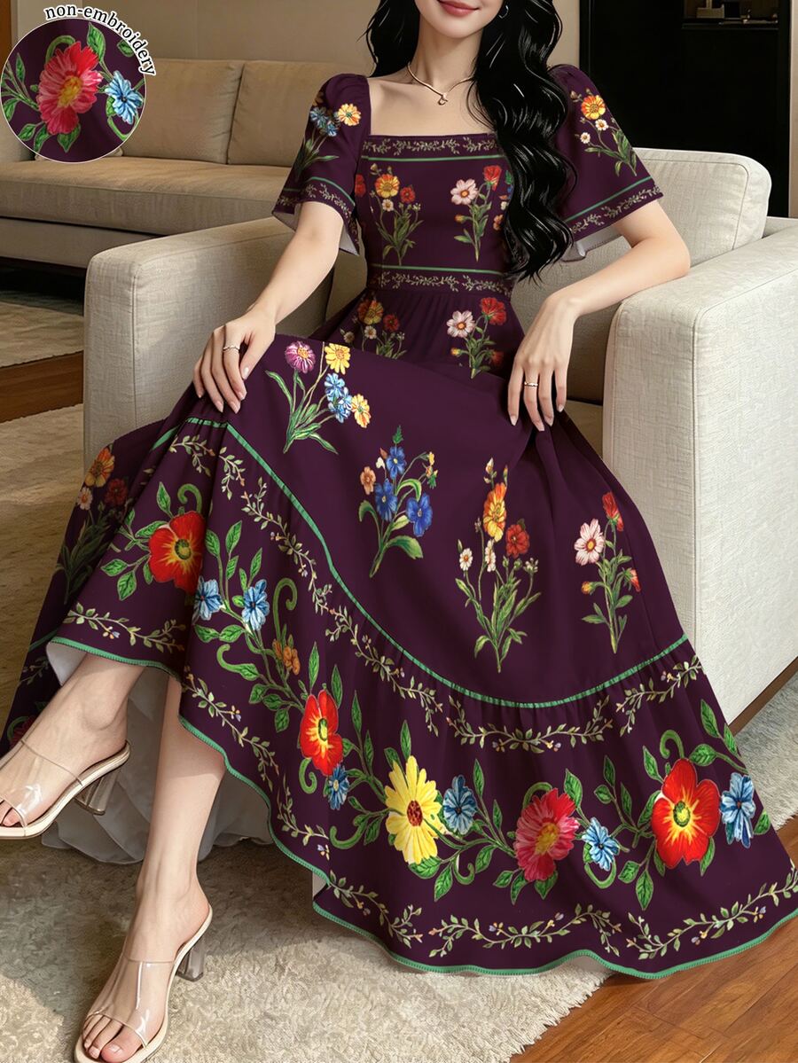Modelyn 花卉植物印花時尚方領大荷葉袖設計短袖洋裝,夏季收腰中長洋裝,花卉圖案棕色長洋裝 - 彩色 - 查看 1