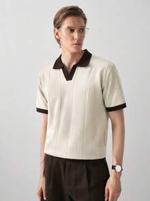 RONVEXI Men's Plus Size Colorblock Collar Short Sleeve Casual Knit Top - Beige - View 6