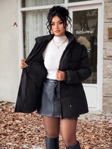 Easura Plus Size Hooded Cinched Waist Long Sleeve + Detachable Fur Collar Padded Coat - Black - View 7