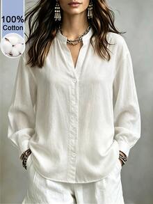 Linhara CURVE 女款大尺碼純色立領V領白色襯衫，寬鬆長袖休閒上衣，百搭多功能上衣，適合通勤與日常穿著 - 白色 - 查看 1