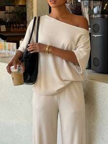 Siren Gaze Women's Casual One-Shoulder Short Sleeve T-Shirt And Straight Leg Pants Two Pieces Set, Pants Set, Autumn Clothing, Suitable For Daily Commute, Gathering, Summer, Christmas, New Year, Thanksgiving, Party, Wedding, Beach, Outing, Date, Valentine's Day, Elegant, Vacation, Y2K - Apricot - View 1