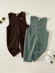 SHEIN 中性嬰兒男/女童、幼兒 2件組秋冬休閒百搭燈芯絨加厚吊帶褲，嬰兒吊帶褲/連身衣，嬰兒冬季衣物，復古風 - 彩色 - 查看 4