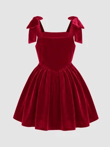SHEIN 女童秋冬四季款酒紅色天鵝絨3D蝴蝶結裝飾收腰抓褶公主洋裝，適合派對穿著 - 紅色 - 查看 2