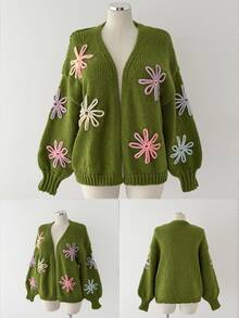 Sunspun Plus Size Vacation Fashion Embroidered Long Sleeve Knit Cardigan - Green - View 7