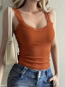 Strévra Women's New Autumn Solid Color Contrast Lace Camisole Tank Top - Burnt Orange - View 4