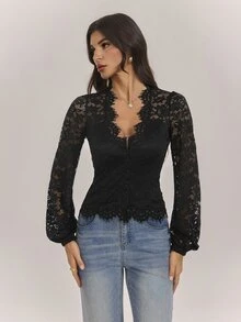 SHEIN Tall Spring/Summer Women's Pure Black Sheer Lantern Sleeve Fitted Elegant Lace Top - Black - View 6
