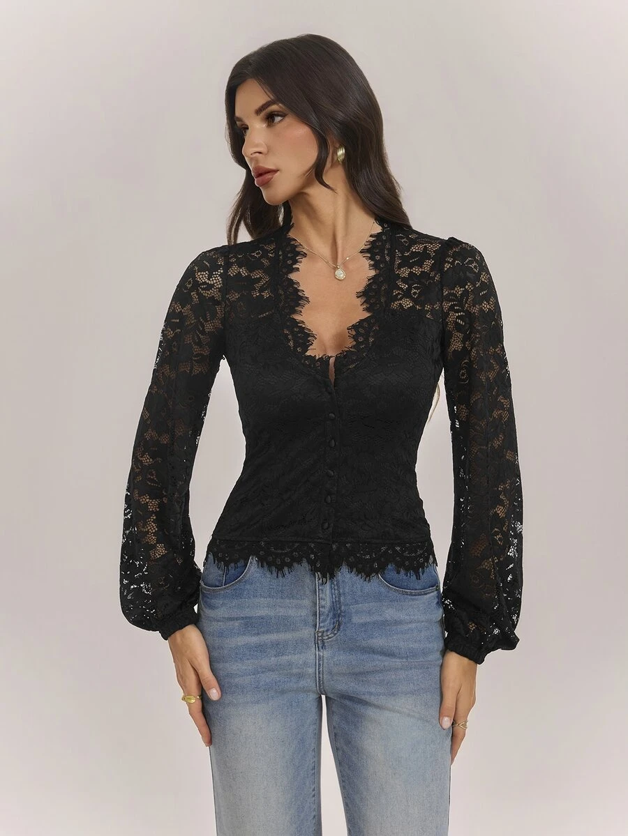 SHEIN Tall 春夏女款純黑色透視燈籠袖修身優雅蕾絲上衣 - 黑色 - 查看 1