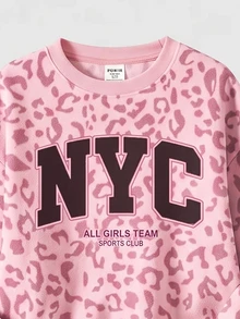 粉色時尚運動風拼色字母 NYC 圖案印花，青少年女孩休閒柔軟舒適寬鬆圓領套頭衛衣與寬腿褲運動套裝，適合秋冬日常、街頭、新風格、時尚女孩、校園時尚返校 - 白色 - 查看 6