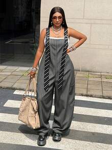SHEIN CURVE+ Plus Size Khaki Striped Adjustable Strap Loose Wide Leg Cargo Overalls, Y2K, Utility Style, Casual Everyday, Comfortable - Multicolor - View 5