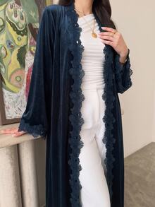 Al Najma Women Fall Winter Warm Navy Blue Velvet Lace Trim Open Front Long Sleeve Loose Long Abaya Kaftan For Home Visiting Gathering - Blue - View 8