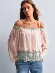Willow Rêve Women's Chiffon Cut-Out Contrast Lace Long Sleeve Pink Camisole Top - Pink - View 3