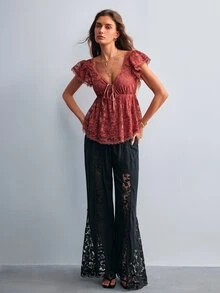 Willow Rêve Women's French Style Lace Tie Top For Date And Outing - Rust Brown - View 3