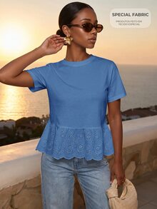 CAJUNI Kaos Kasual Wanita untuk Liburan, Leher Bulat, Lengan Pendek, Bordir Berongga, dan Hem Berumbai - Biru - View 3