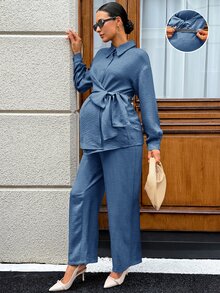 SHEIN Maternity Solid Color Single-Breasted Waist Tie Decor Long Sleeve Blouse And Casual Loose Pants 2 Pieces Set - Blue - View 4