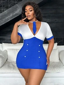 Fantasy Costume Fantasy Costume 2pcs Dress + Tie Uniform Flight Attendant Server Cosplay Deep V Backless Halloween Party Club Date Night Plus Size Sexy Costume - Blue and White - View 4