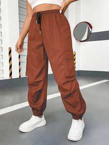 POPSWAY Plus Size Elastic Waist Drawstring Tie Multi-Pocket Casual Cargo Pants - Redwood - View 1