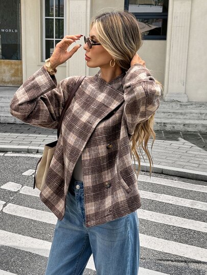 SHEIN Frenchy Women's Plaid Long Sleeve Asymmetric Front Casual Vintage Jacket