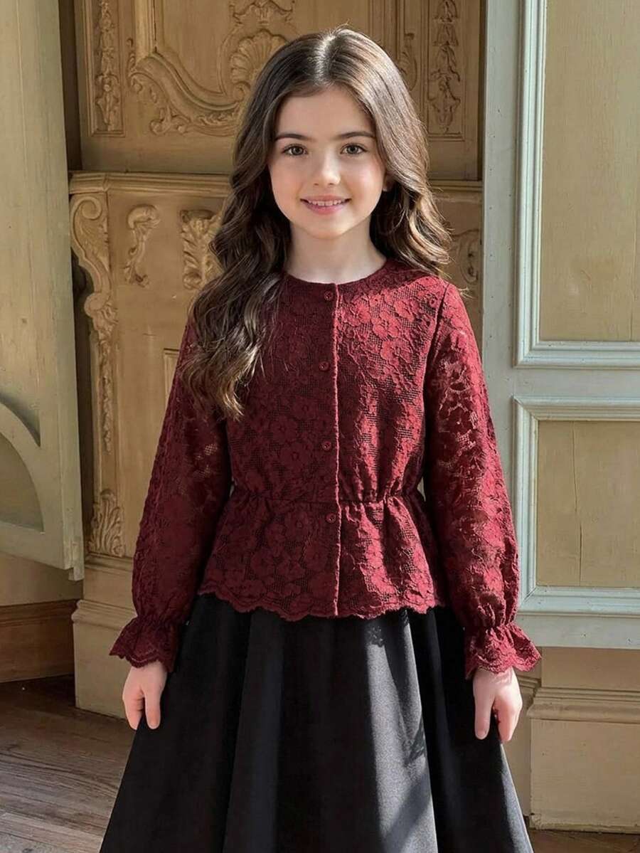 DAZY Tween Girl Lace Casual Versatile Daily Wear Blouse - Burgundy - View 1