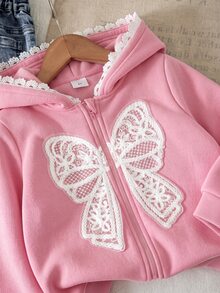 SHEIN 女童灰色與白色花朵蝴蝶結裝飾連帽衛衣外套，適合秋冬外出穿著 - 粉色 - 查看 6