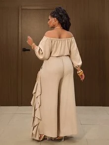 Maweii Plus Size Minimalist One Shoulder Top And Ruffle Trim Long Pants 2 Pieces Set - Khaki - View 6