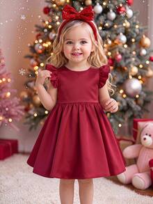 SHEIN Baby Girl Solid Color Round Neck Short Flutter Sleeve Back Bow Decor Cute Dress - Red - View 5