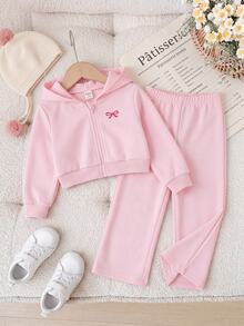 SHEIN Baby Girl Bow Embroidery Pattern Hooded Sweatshirt And Autumn Pants Casual Daily Outfit - Pink - View 8