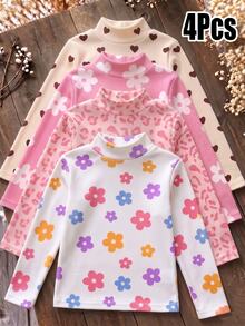 4Pcs Girls' Knitted Turtleneck Long Sleeve Tops, Cute Daisy Flower Heart & Leopard Print Base Layer Shirts, Sweet Style Versatile Outing Tops - Multicolor - View 3