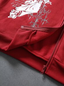 ROMWE MEN Goth 男士前衛天使圖案印花拉鍊長袖運動衫 - 紅色 - 查看 3