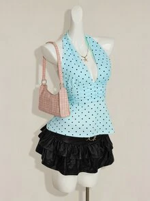 SHEIN ICON 掛脖深V領收腰A字露背波點背心上衣 - 淺藍色 - 查看 5