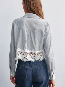 Willow Rêve Women's Blue Striped Embroidered Hem Short Blouse - Blue and White - View 2