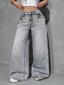 SHEIN Tall 女款極簡時尚拉鍊門襟寬鬆直筒牛仔褲，適合日常穿著 - 淺灰色 - 查看 4