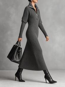 SHEIN 女款秋冬長款針織洋裝，高領半拉鍊，寬鬆外穿洋裝 - 深灰色 - 查看 4