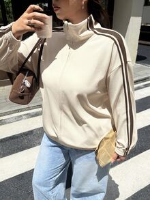 Muchica Plus Size Women's Colorblock Zipper Casual Everyday Long Sleeve Jacket - Apricot - View 4