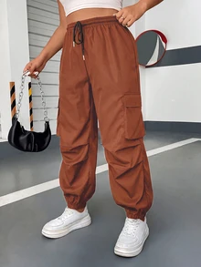 POPSWAY Plus Size Elastic Waist Drawstring Tie Multi-Pocket Casual Cargo Pants - Redwood - View 5