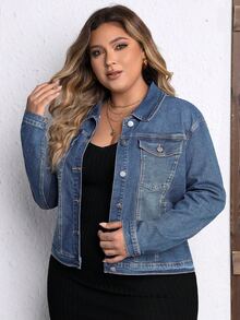 EMERY ROSE Áo khoác denim tay dài cài cúc co giãn phong cách tối giản size lớn - Rửa trung bình - Xem 3