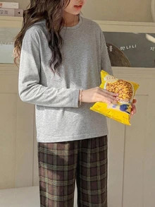 Dazy Kids Long Sleeve T-Shirt Style Plaid Casual Pants Loose Straight Leg Versatile Long Pants Tween Girls Loungewear - Brown - View 3