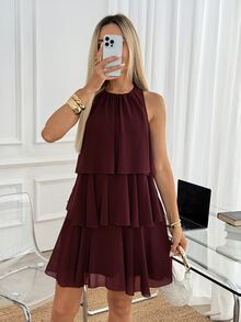 Easowa Round Neck Multi-Layer Ruffle A-Line Chiffon Sheer Flowy Sleeveless Casual Relaxed Elegant Commute Old Money Style Vacation Spring Summer Women's Short Dress - Burgundy - View 4