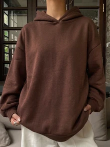DAZY Unisex Loose Fit Hooded Casual Thermal Lined Solid Color Sweatshirt For Women - Brown - View 3