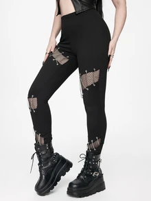 ROMWE Goth Women's Chain Decor Mesh Patchwork Casual Daily Fitted Leggings - Black - View 6