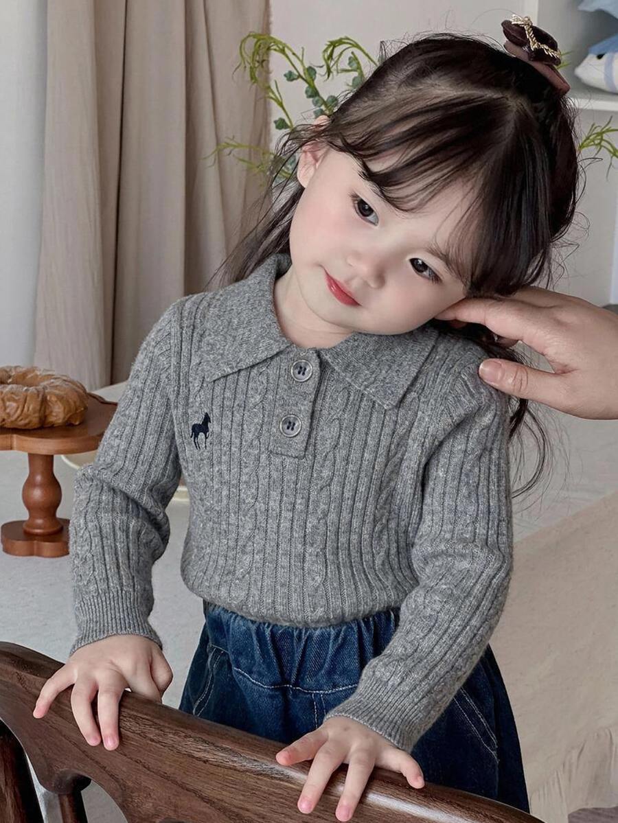 DAZY Baby Girl Button Half-Placket Embroidered Long Sleeve Sweater - Grey - View 1