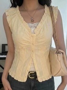 Livesso Pale Yellow Round Neck Sleeveless Solid Color Slim Fit Elastic All-Match Casual Cute Romantic Versatile Women's Tank Top Brunch Summer Everyday Date - Yellow - View 6