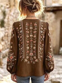 SHEIN 波西米亞復古休閒外出圓領花卉圖案長袖襯衫 - 棕色 - 查看 2