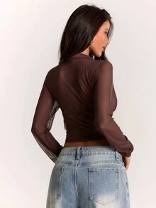 SHEIN BAE Women's Solid Color Zipper Slim Fit Versatile Daily Wear Long Sleeve Top - Brown - View 2