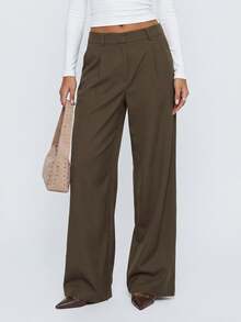 Avantive Women's Solid Color Pleated Straight Leg Loose Casual Suit Pants - Rust Brown - View 3